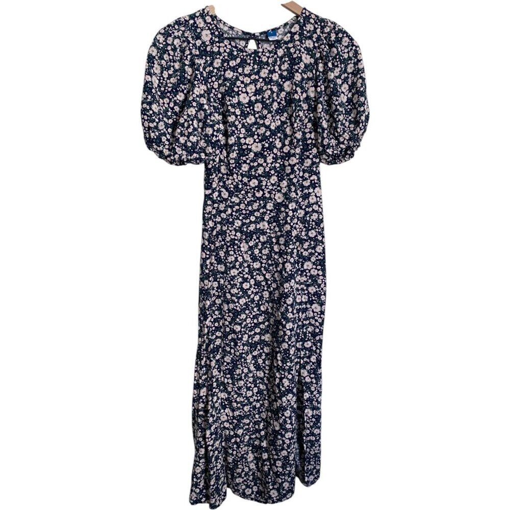 Old Navy Womens Puff Sleeve Midi Dress Size Navy Floral Side Slit Smocked S - Picture 5 of 8